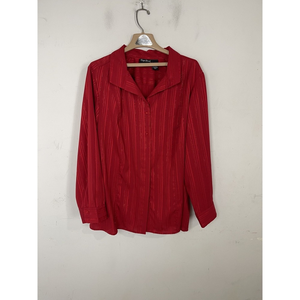 Maggie Barnes Women's 3X 26/28W Red Striped Long Sleeve Button Up Blouse‎ Top